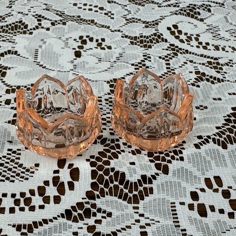 Vintage Pink Glass Lotus Flower Votive Candle Holders Set of 2 Blush Floral